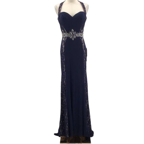 ASPEED SZ m navy lace beaded halter sweetheart neck maxi gown dress NWT B163 - Picture 2 of 10